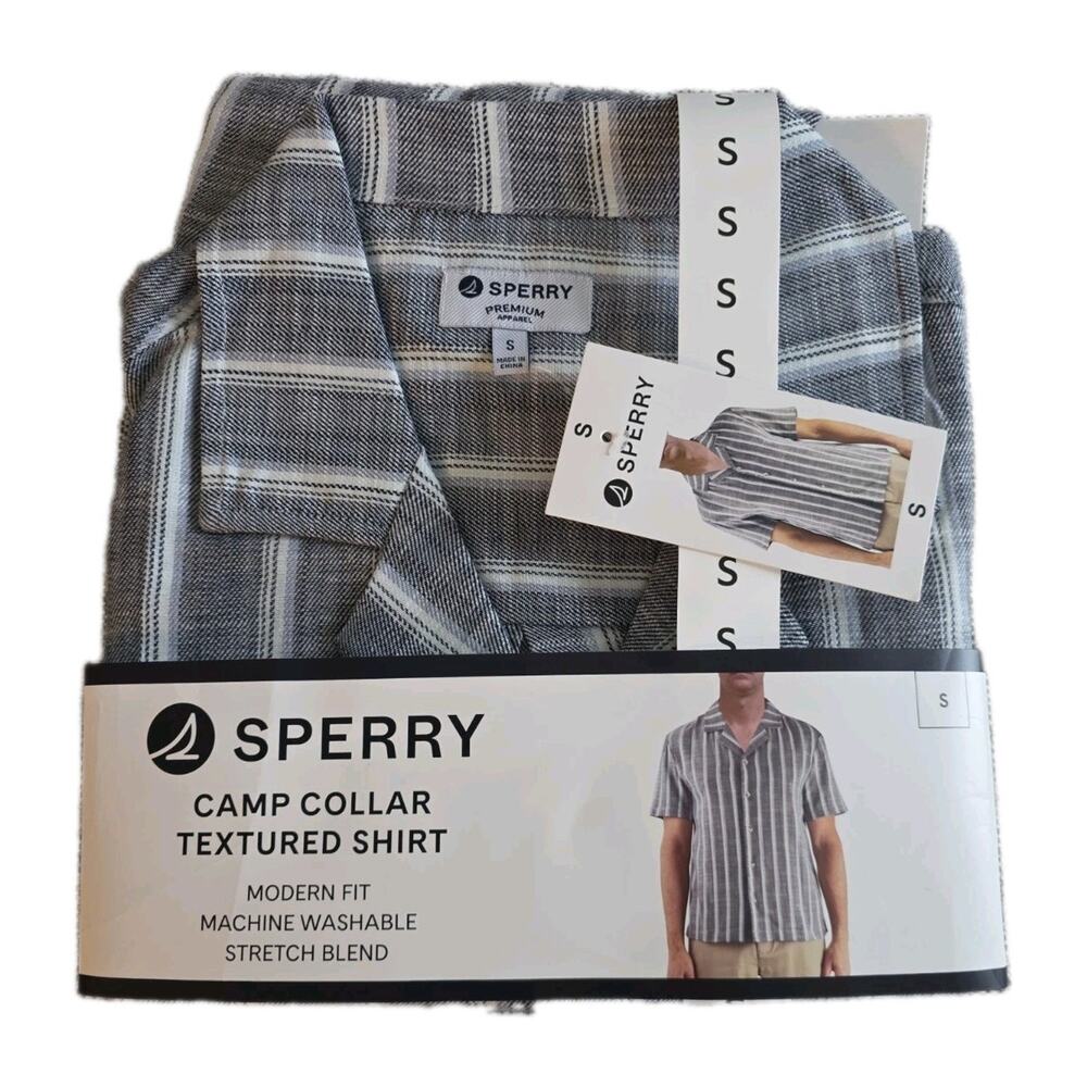 Sperry Men's Camp Collar Shirt Size S. Navy & White Textured Comfort.